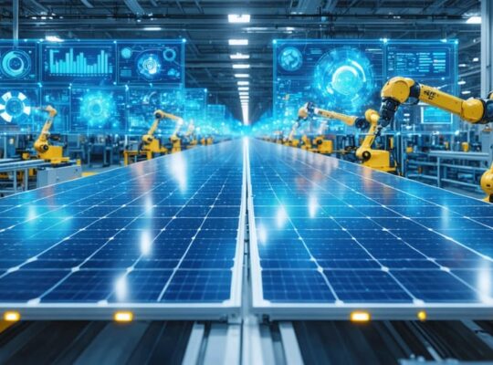 "Futuristic solar panel manufacturing facility with robotic arms, digital analytics displays, and IoT technology showcasing the digital transformation in solar energy."