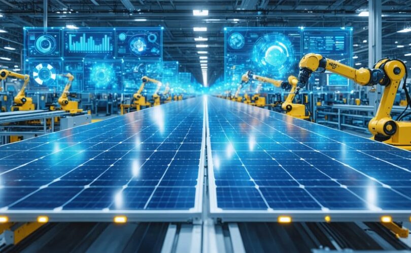 "Futuristic solar panel manufacturing facility with robotic arms, digital analytics displays, and IoT technology showcasing the digital transformation in solar energy."