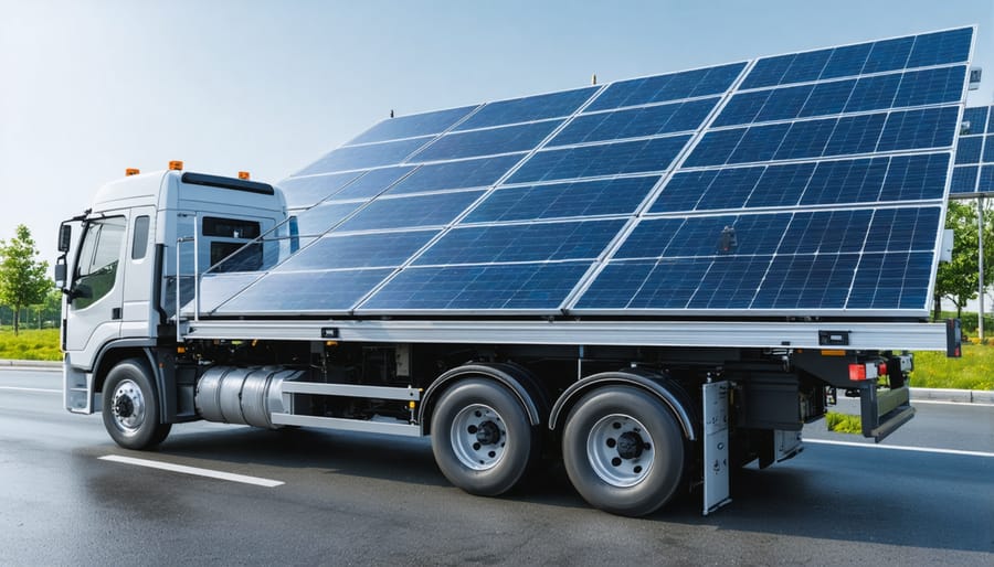 Modern electric delivery truck loading solar panels with GPS navigation screen showing optimized route