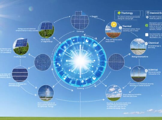 Infographic depicting the six primary forms of energy and their interconnected transformations, centered around solar panel efficiency and smart monitoring systems.