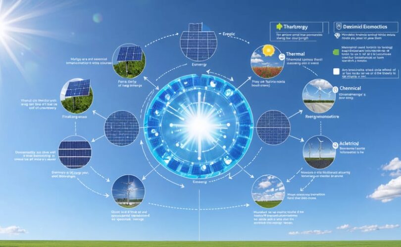 Infographic depicting the six primary forms of energy and their interconnected transformations, centered around solar panel efficiency and smart monitoring systems.