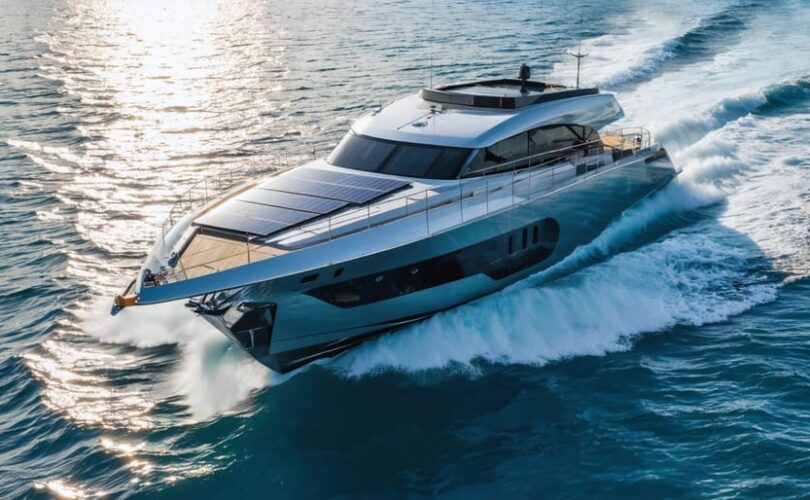 A yacht gliding through the ocean, with flexible solar panels perfectly integrated onto its deck surface, illustrating their sleek and lightweight design for marine applications.