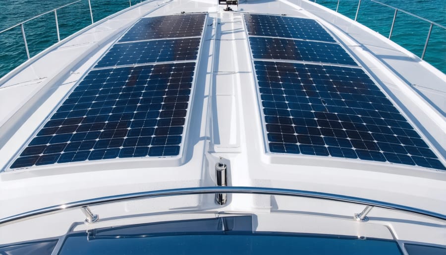 Side-by-side comparison showing flexible solar panels conforming to a boat's curved surface while rigid panels create gaps