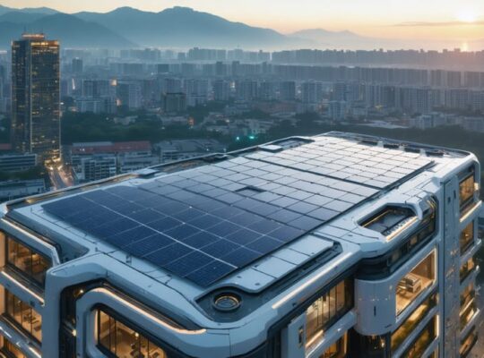 Futuristic cityscape powered by diverse solar technologies, including monocrystalline, multicrystalline, and perovskite panels on building rooftops and facades, representing advancements in solar efficiency.