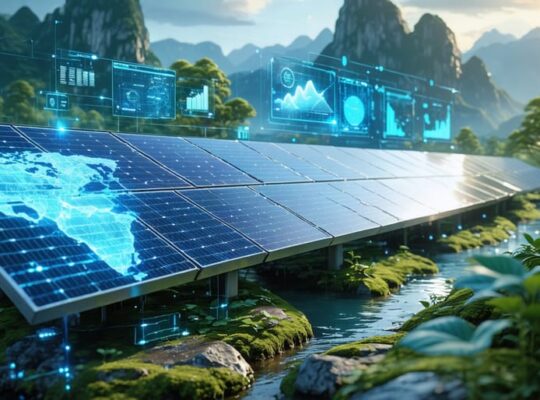 Futuristic concept showing solar panels integrated into natural landscapes with holographic displays of climate model data, symbolizing innovation in the solar industry.