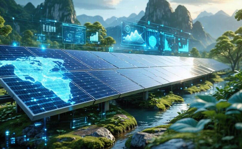 Futuristic concept showing solar panels integrated into natural landscapes with holographic displays of climate model data, symbolizing innovation in the solar industry.