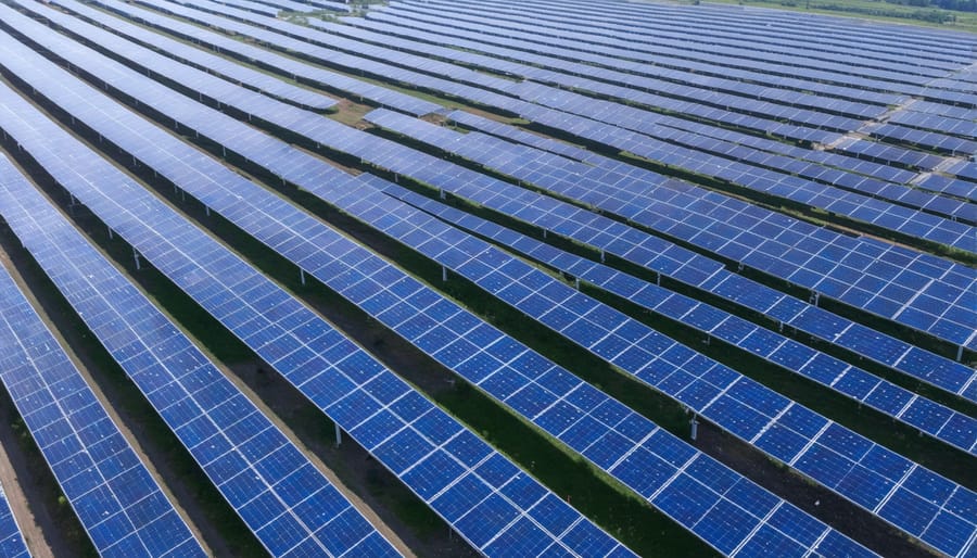 Large solar power plant with thousands of photovoltaic panels in grid formation