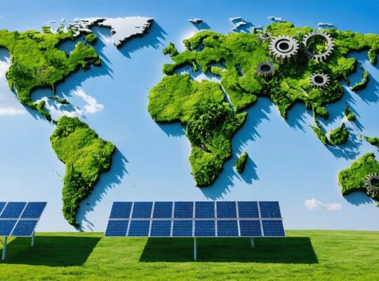 Conceptual illustration of the world's transformation from conventional energy sources to a solar-powered future, featuring policy elements and international cooperation.