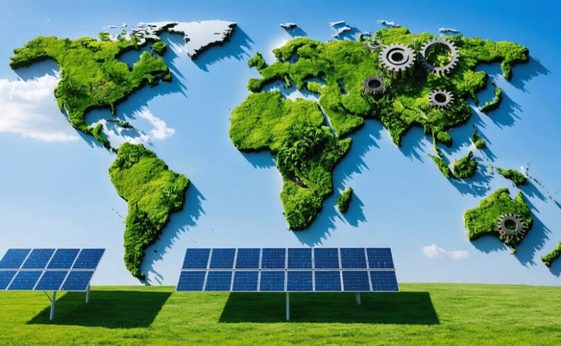 Conceptual illustration of the world's transformation from conventional energy sources to a solar-powered future, featuring policy elements and international cooperation.