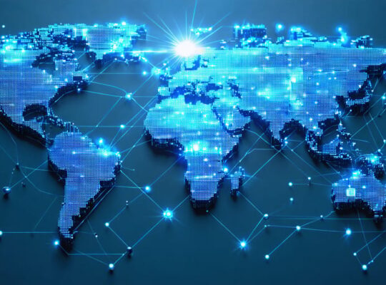 A conceptual image of a global solar PV supply chain network, depicting interconnected manufacturing facilities, logistics routes, and distribution centers across a world map with digital connectivity lines.