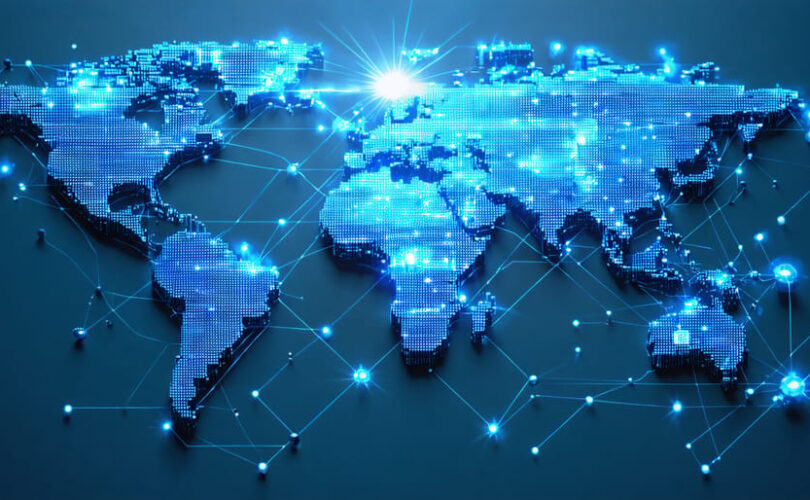 A conceptual image of a global solar PV supply chain network, depicting interconnected manufacturing facilities, logistics routes, and distribution centers across a world map with digital connectivity lines.
