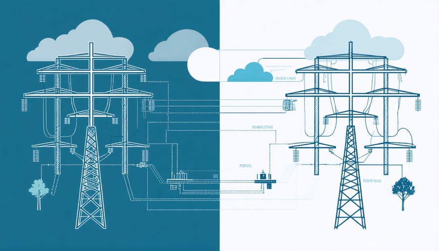 Side-by-side comparison of traditional vs renewable-integrated power grid infrastructure