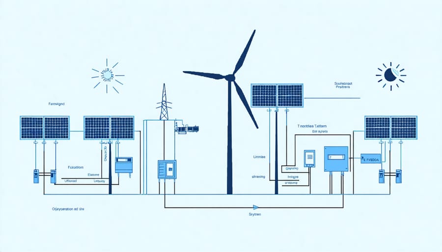 Technical diagram illustrating the interconnection of wind turbine and solar panel components with power management system