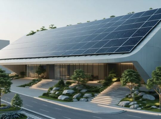 Modern urban building with integrated solar panels in its facade and roof, surrounded by green spaces, showcasing the marriage of energy generation and aesthetic design.
