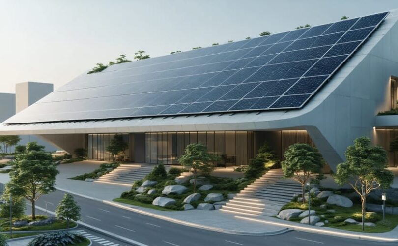 Modern urban building with integrated solar panels in its facade and roof, surrounded by green spaces, showcasing the marriage of energy generation and aesthetic design.