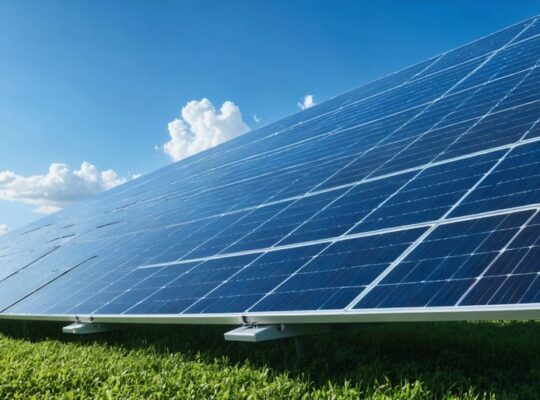 Illustration of cutting-edge J-Tech Solar panels with advanced multi-layered design capturing sunlight, set against a blue sky to symbolize innovation and sustainability in renewable energy.