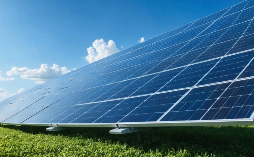 Illustration of cutting-edge J-Tech Solar panels with advanced multi-layered design capturing sunlight, set against a blue sky to symbolize innovation and sustainability in renewable energy.