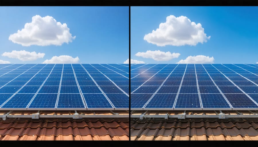 Side-by-side comparison showing environmental improvements in solar panel manufacturing