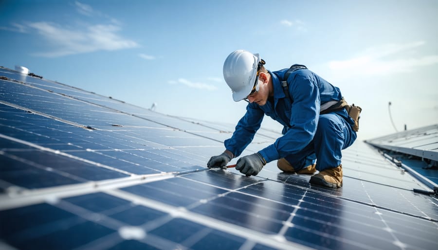 Professional cleaning and inspecting flexible solar panels mounted on a sailboat