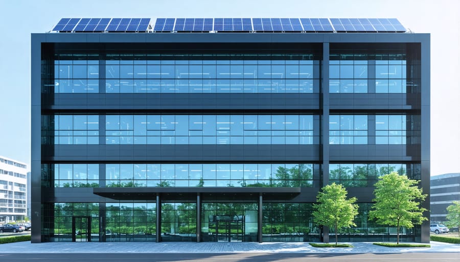 Contemporary commercial building with glass-like BIPV panels integrated into its architectural design
