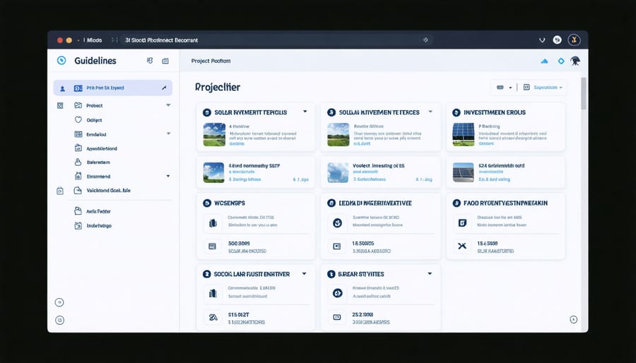 User interface of a P2P solar investment platform displaying solar projects and investment details