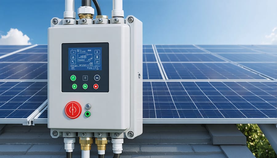 Digital control panel showing real-time monitoring of PV system fire safety parameters
