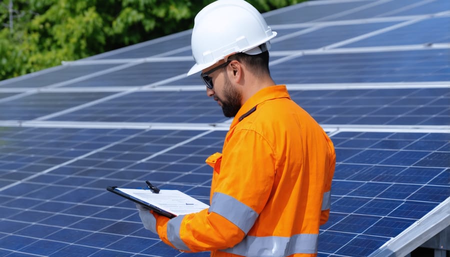 Technician performing routine fire safety check on solar panel installation components