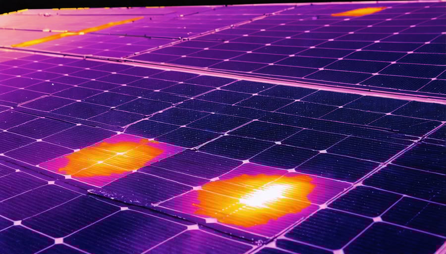 Infrared thermal image displaying temperature variations and potential fire hazards on solar panels