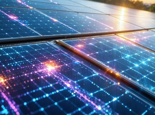 Artistic depiction of a solar panel with visible layers representing quantum dots altering and optimizing sunlight for enhanced energy absorption.