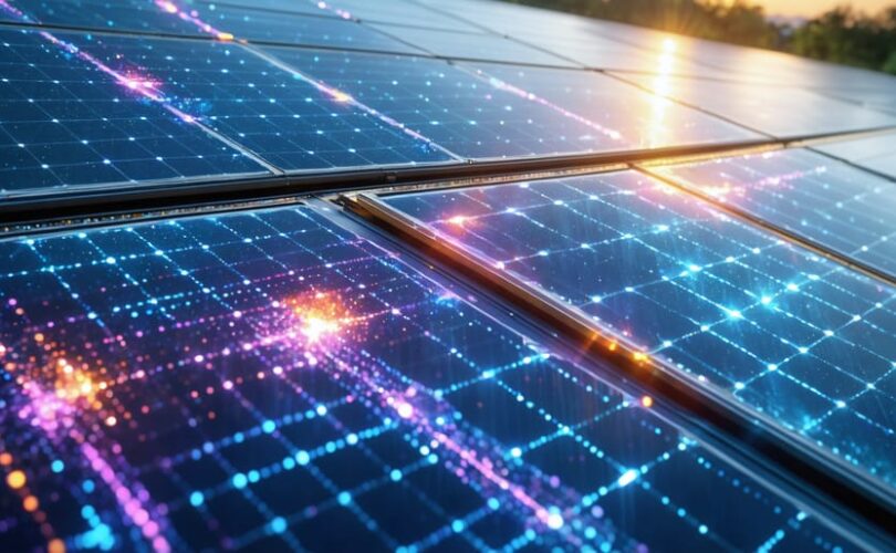 Artistic depiction of a solar panel with visible layers representing quantum dots altering and optimizing sunlight for enhanced energy absorption.