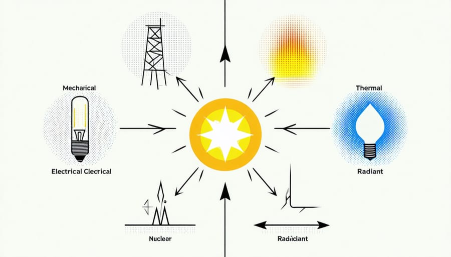 Infographic illustrating the six primary forms of energy and their transformations