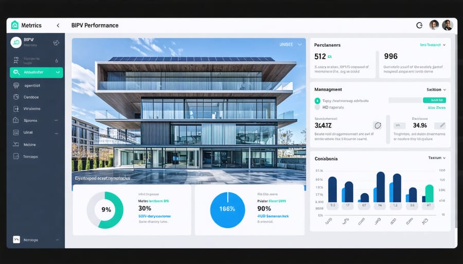 Digital dashboard showing real-time energy generation and lighting control data from BIPV system