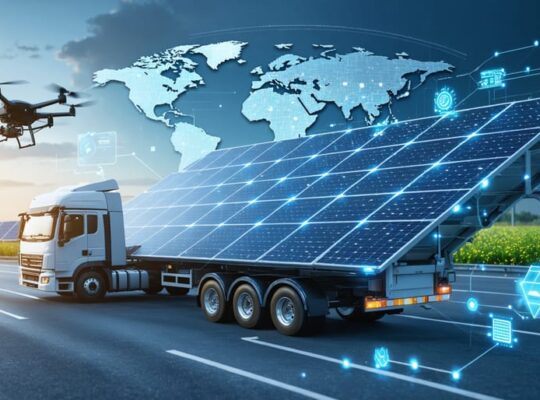 A futuristic visualization depicting the integration of solar panels within a sustainable logistics network, featuring electric trucks, drones, and digital route optimization on a global trade route map.