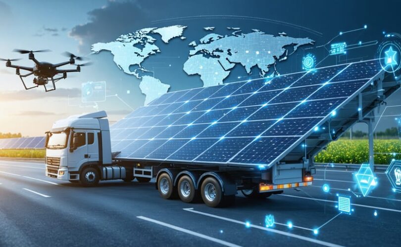 A futuristic visualization depicting the integration of solar panels within a sustainable logistics network, featuring electric trucks, drones, and digital route optimization on a global trade route map.