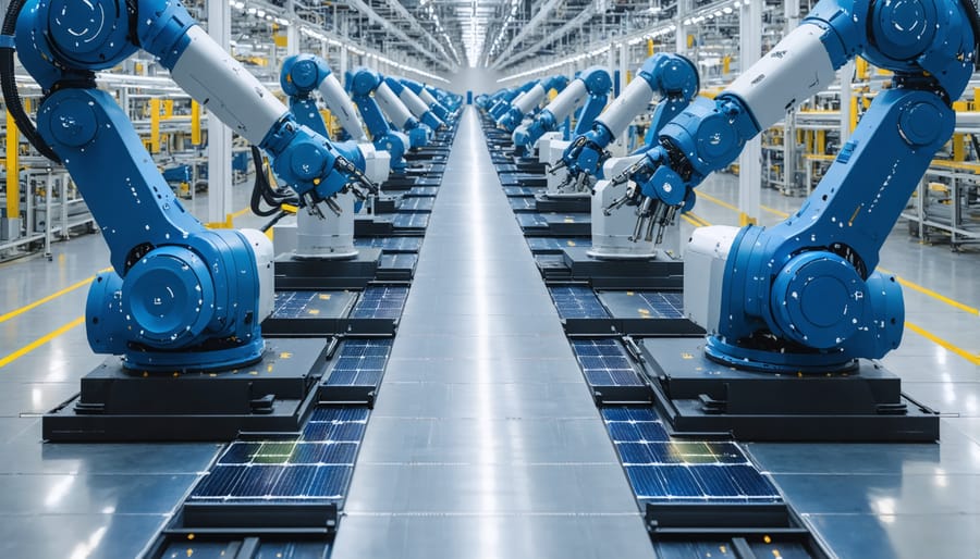 Automated solar panel production facility with robotic assembly and digital monitoring displays