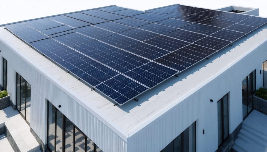 Computer-generated 3D model displaying optimal solar panel placement with data overlays