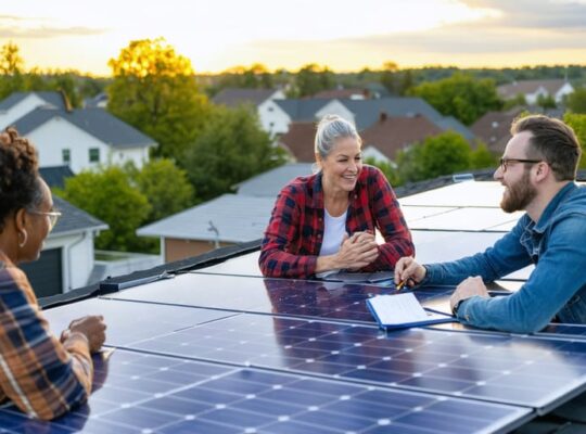 A diverse group of community members engaging in discussions as solar panels are installed on neighborhood rooftops, representing collective participation in a solar cooperative project.