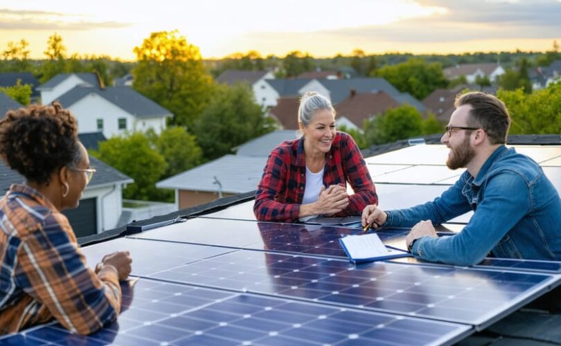 A diverse group of community members engaging in discussions as solar panels are installed on neighborhood rooftops, representing collective participation in a solar cooperative project.