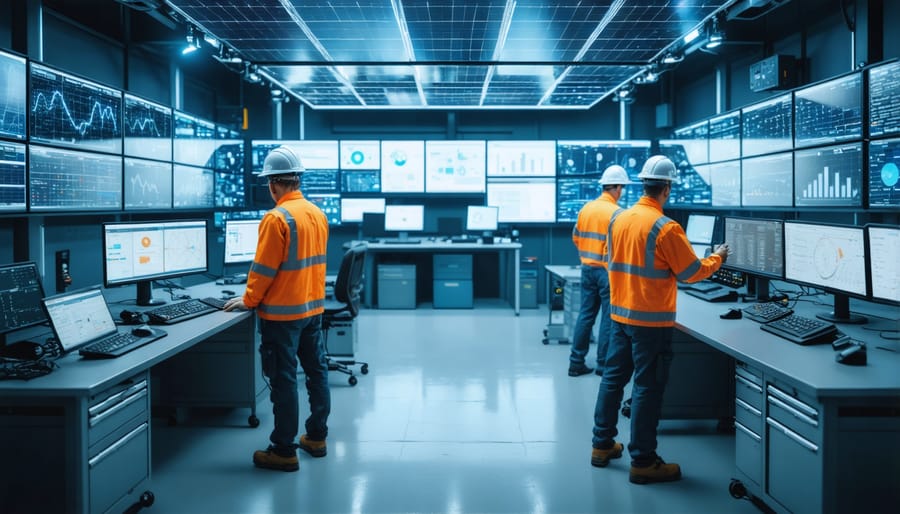 Professional solar facility control room with multiple monitoring displays and staff reviewing emergency procedures