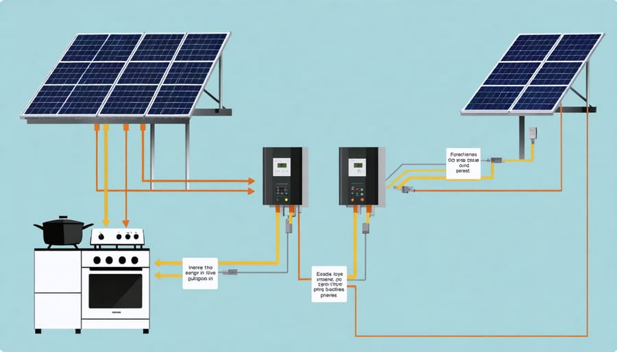 Technical illustration of solar PV energy conversion process for cooking applications