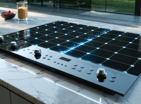 A contemporary kitchen featuring a solar-powered induction cooktop with PV panels outside, illustrating the integration of photovoltaic technology in modern cooking appliances. Energy lines symbolize solar energy conversion.