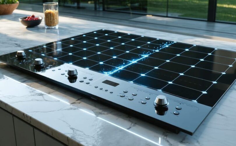 A contemporary kitchen featuring a solar-powered induction cooktop with PV panels outside, illustrating the integration of photovoltaic technology in modern cooking appliances. Energy lines symbolize solar energy conversion.