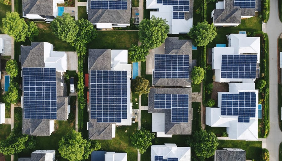 Birds-eye view of residential solar co-op showing synchronized solar panel installations across multiple rooftops