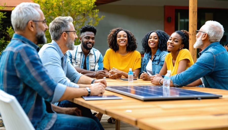 Group of local residents discussing solar project plans around a table with blueprints