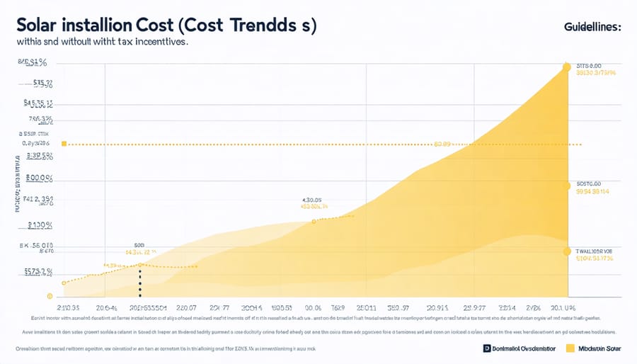 Line chart comparing solar panel installation costs with tax incentives versus without over time