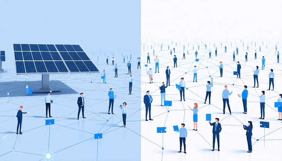 Visual representation of crowdfunding connecting multiple investors to solar energy projects