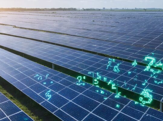 Aerial view of a solar farm with digital elements representing green bonds, symbolizing the intersection of finance and renewable energy.