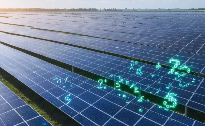 Aerial view of a solar farm with digital elements representing green bonds, symbolizing the intersection of finance and renewable energy.