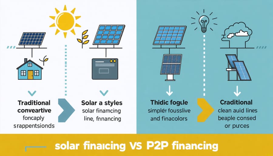 Side-by-side comparison diagram showing traditional solar financing and P2P financing pathways