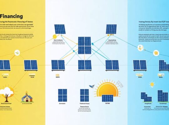 Conceptual infographic illustrating the comparison between traditional solar financing and P2P investment models. It features interconnected nodes representing P2P networks, solar panels, and icons symbolizing various stakeholders in the solar industry.